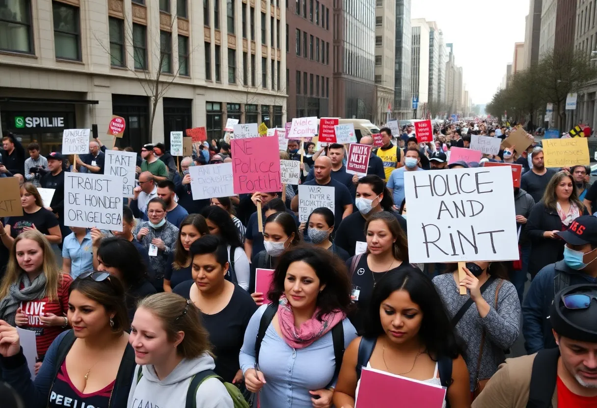 Crowd of protesters holding signs during an immigration protest.