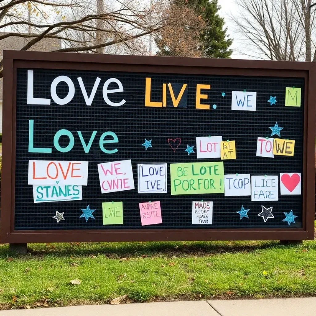 Colorful community signs promoting engagement and positivity.