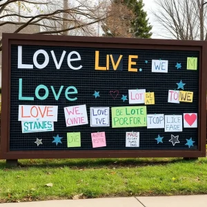 Colorful community signs promoting engagement and positivity.