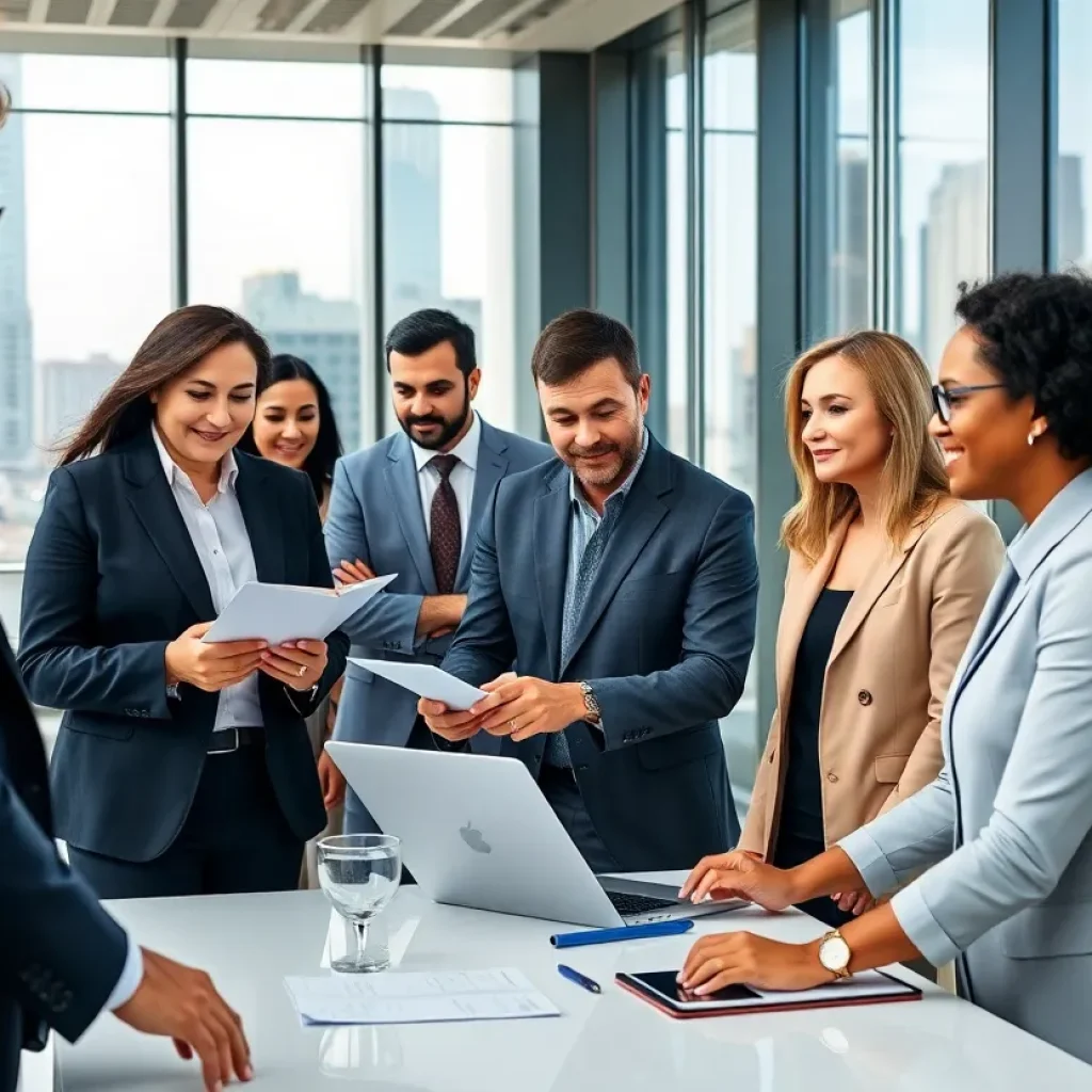 Team collaboration in a financial office with Dallas skyline in the background