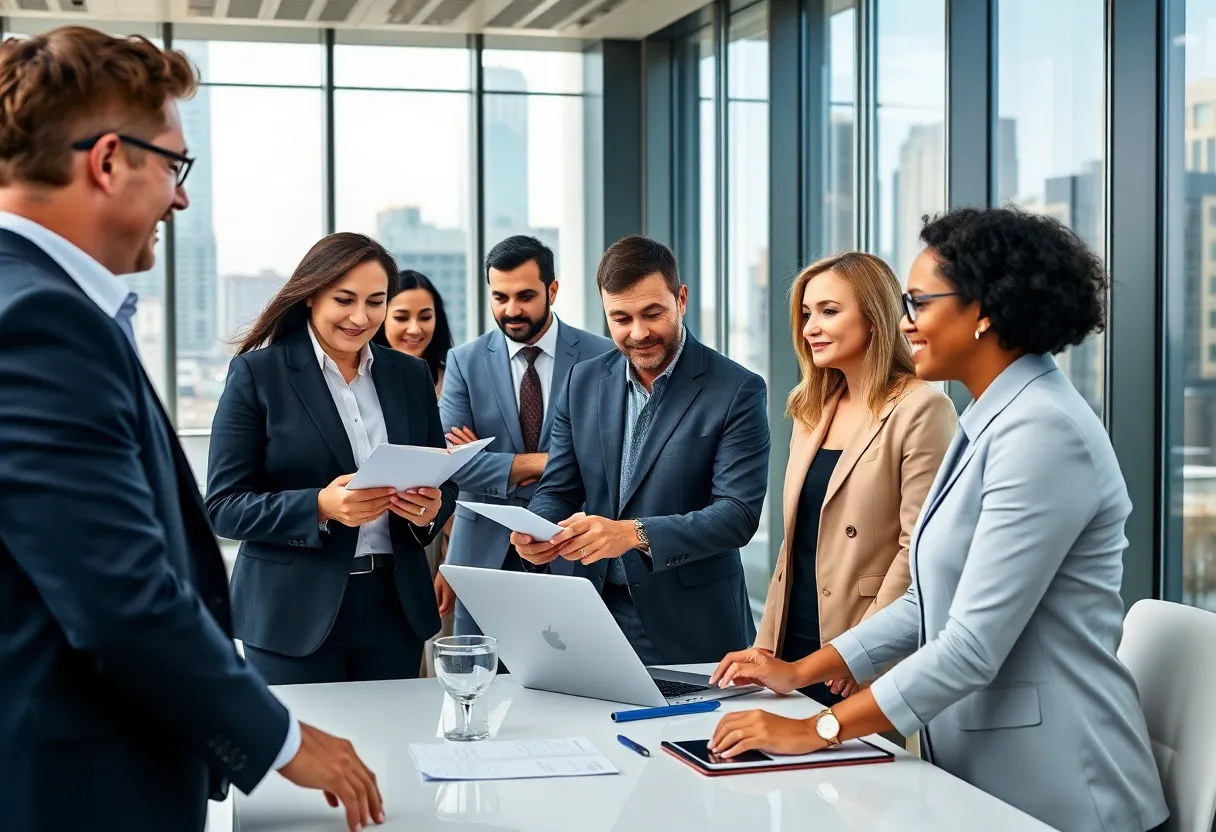 Team collaboration in a financial office with Dallas skyline in the background