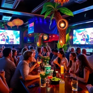 People enjoying a Love Island watch party at a bar with themed cocktails