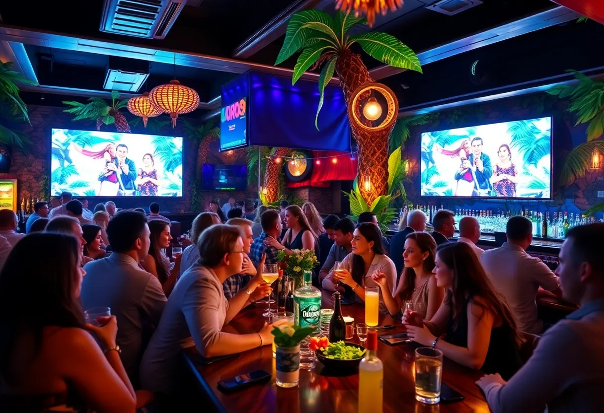 People enjoying a Love Island watch party at a bar with themed cocktails