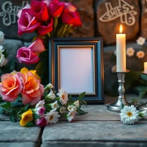 Memorial tribute including flowers and a candle
