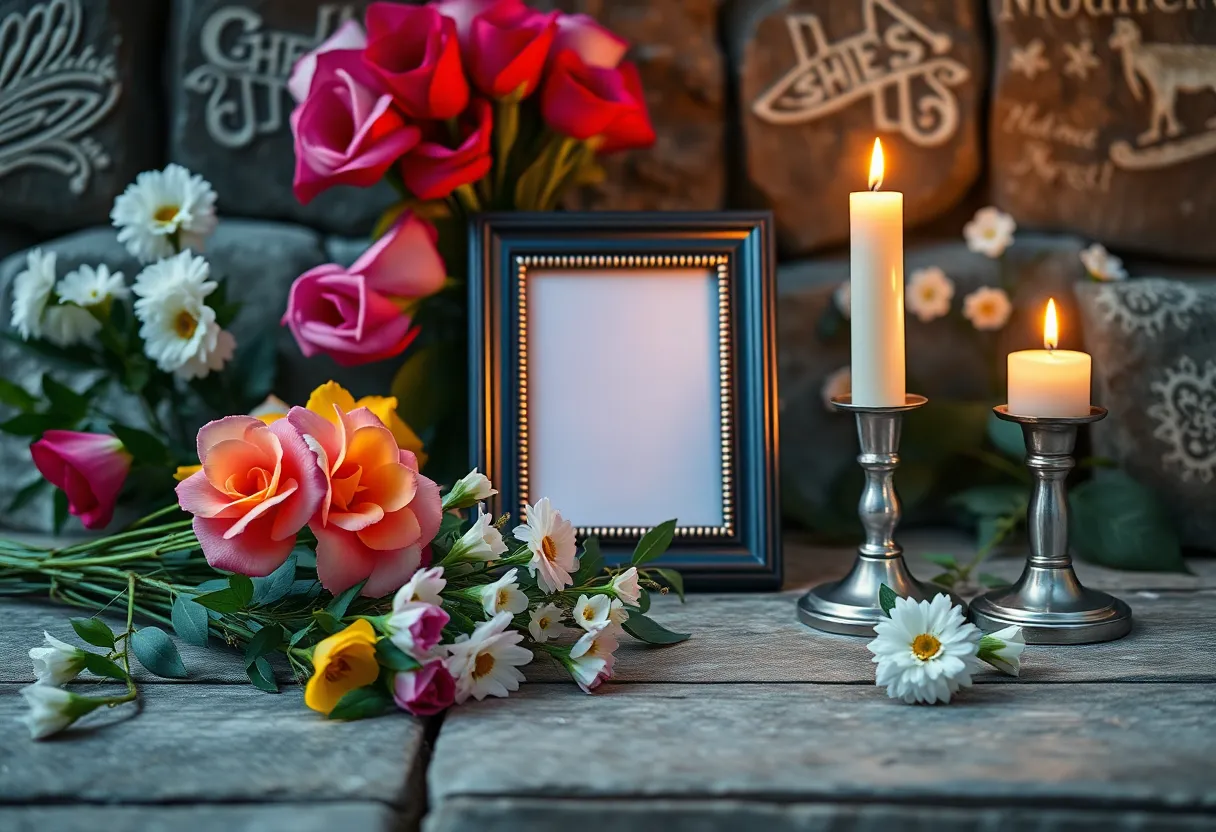 Memorial tribute including flowers and a candle