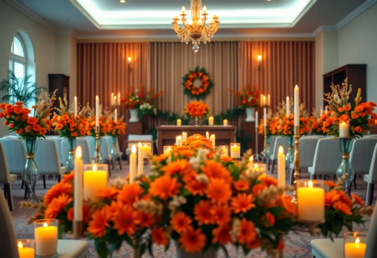 Memorial service setting with orange flowers