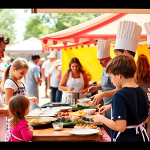 Families and chefs participating in cooking demonstrations at the Mix It Up Texas Festival in Dallas.