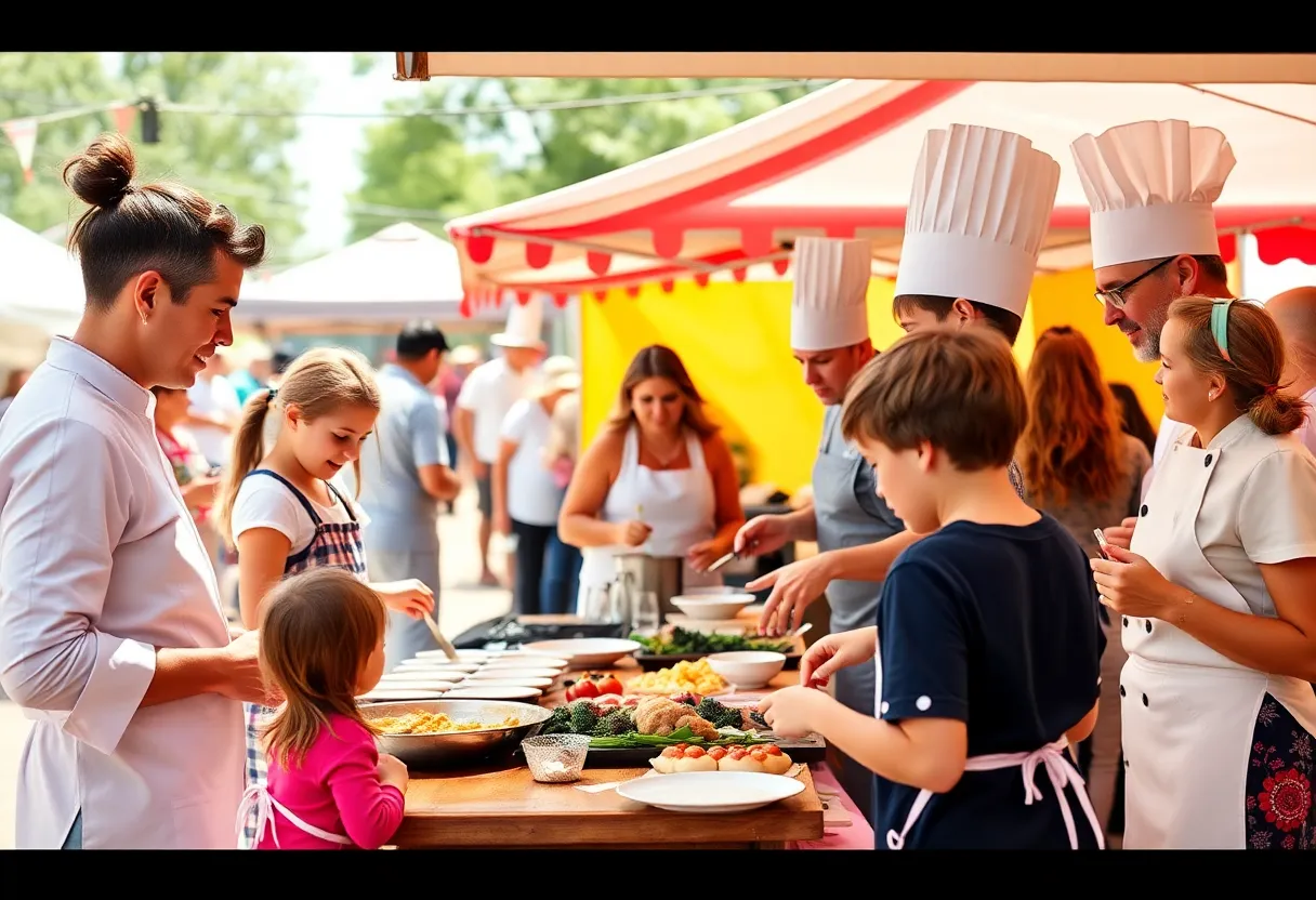 Families and chefs participating in cooking demonstrations at the Mix It Up Texas Festival in Dallas.