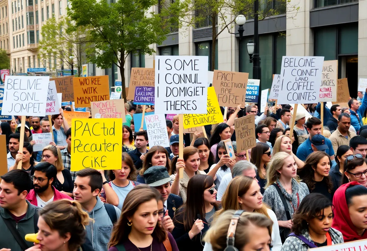 Crowd of demonstrators united in protest for democracy