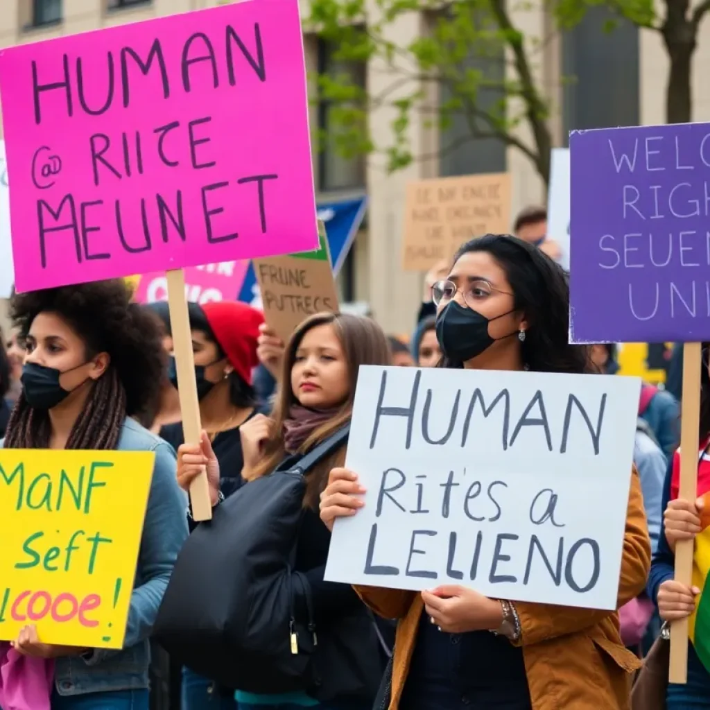 Protesters holding signs at a No Kings protest for immigration rights.