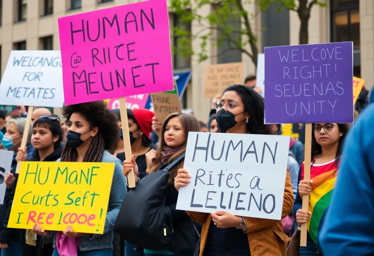 Protesters holding signs at a No Kings protest for immigration rights.