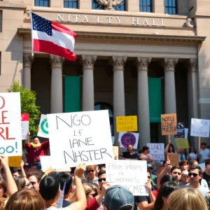 Diverse group of protesters at a demonstration against Trump policies