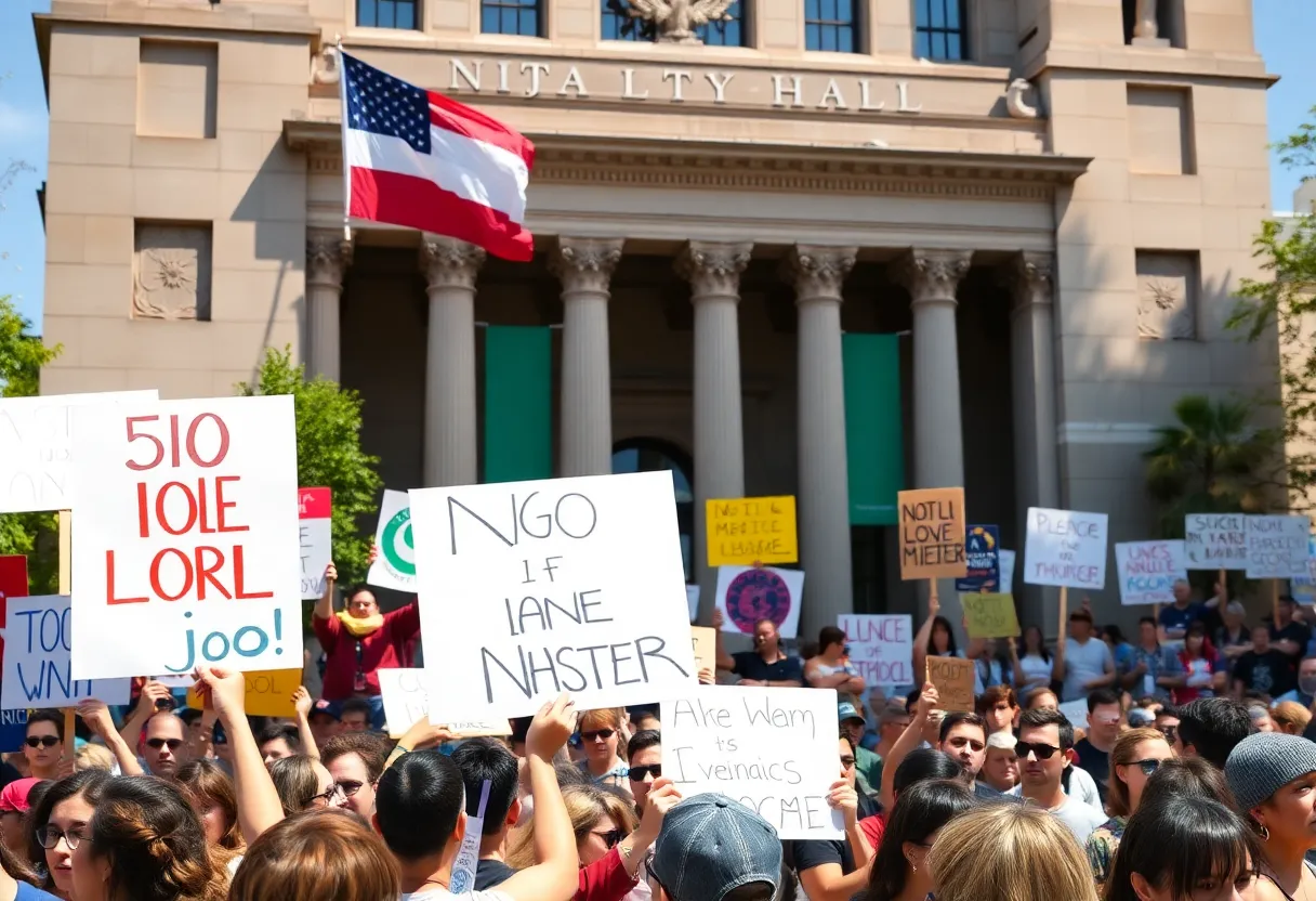 Diverse group of protesters at a demonstration against Trump policies