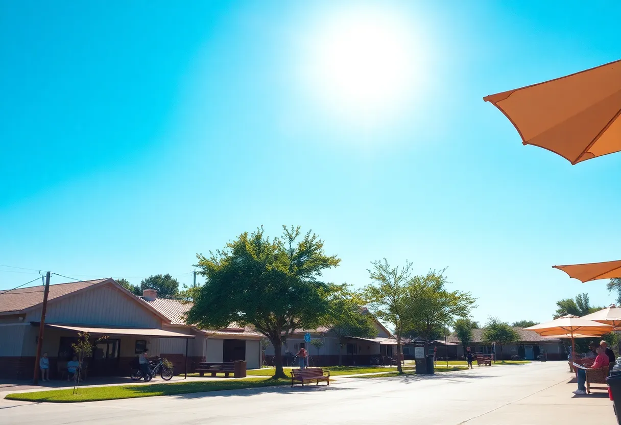 A sunny summer day in North Texas with residents using shade for relief.