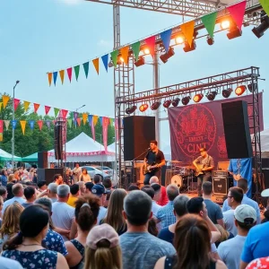 Outdoor scene of the Outlaw Music Festival with performers and audience.
