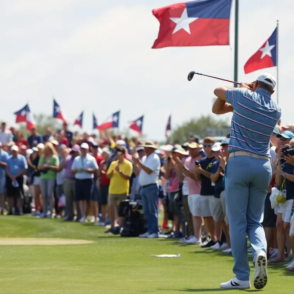 A dynamic scene from LIV Golf tournament showing players and cheering fans.