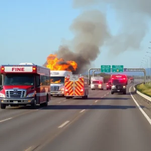 Emergency vehicles at the scene of an RV fire on Interstate 635.