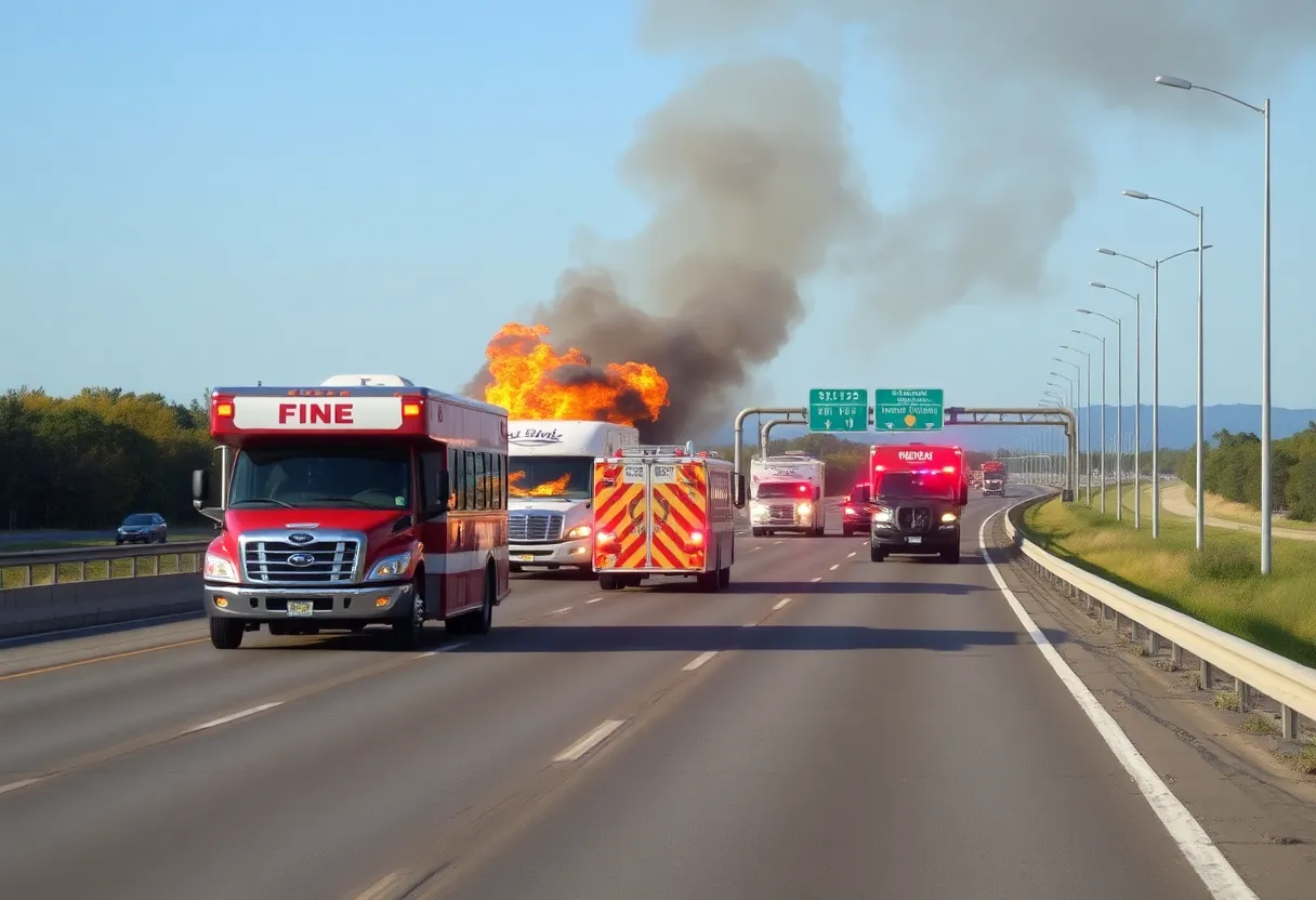 Emergency vehicles at the scene of an RV fire on Interstate 635.