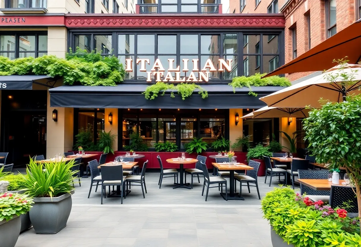 Al fresco dining area of Sant Ambroeus restaurant in Dallas.
