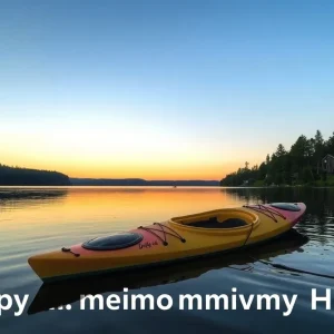 Tribute scene of a lake with an overturned kayak