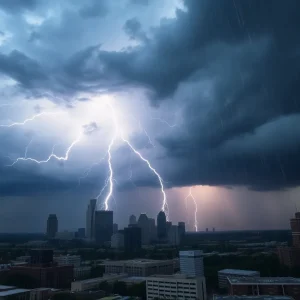 Thunderstorm over Dallas with heavy rain and lightning
