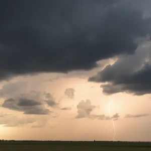 Severe thunderstorm clouds over Texas landscape