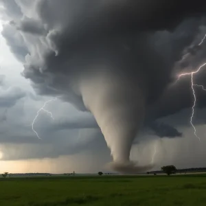 A powerful tornado tearing through the sky near Sherman, Texas, surrounded by dark clouds.