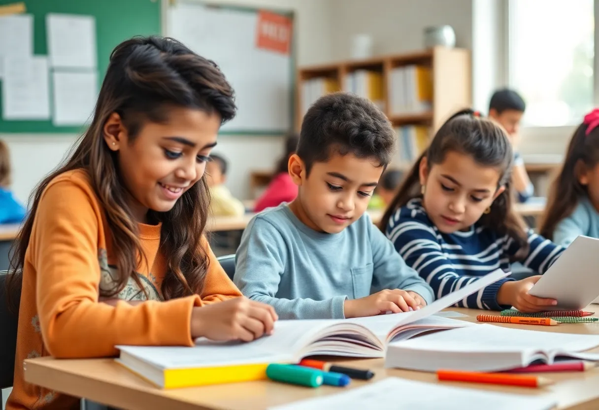 Diverse students in a classroom setting focused on reading and math activities.