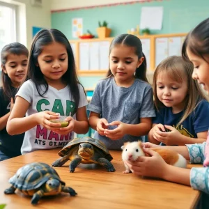Students participating in a science class with animals as learning aids