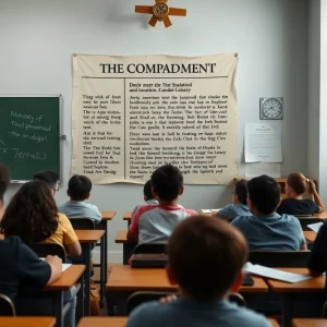 Classroom displaying the Ten Commandments on the wall