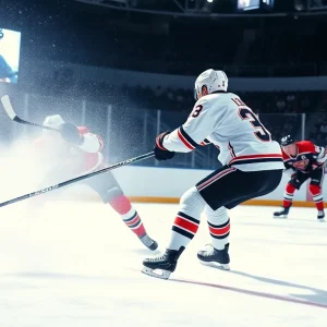 A Texas Stars player taking a shot on goal during a hockey game.