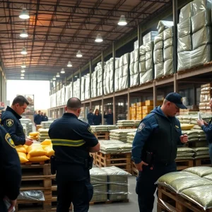 Law enforcement officers conducting a raid at a THC distribution warehouse in North Texas