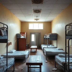 Dormitory showing poor maintenance with peeling paint and worn furniture
