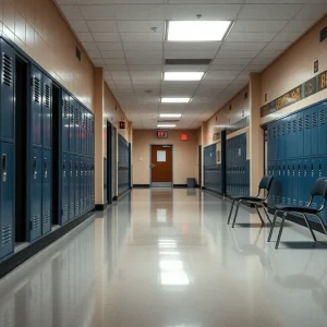 Empty school hallway reflecting on recent school shooting