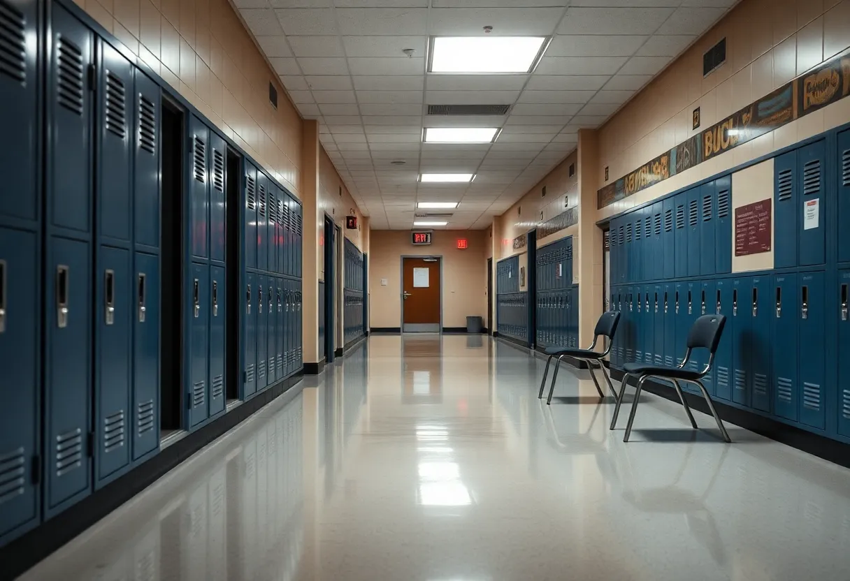 Empty school hallway reflecting on recent school shooting