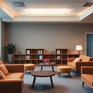 A serene Zen Den space in DeSoto ISD with comfy seating and warm ambiance.