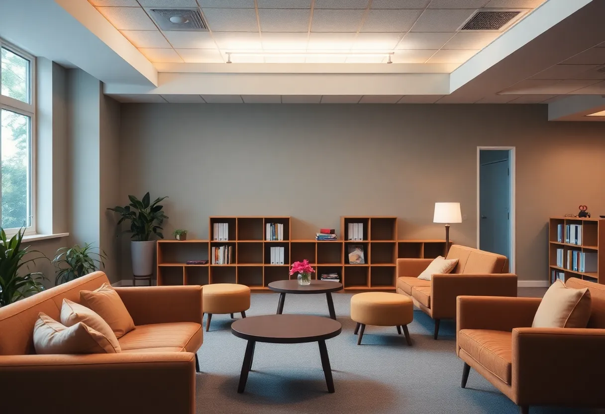 A serene Zen Den space in DeSoto ISD with comfy seating and warm ambiance.