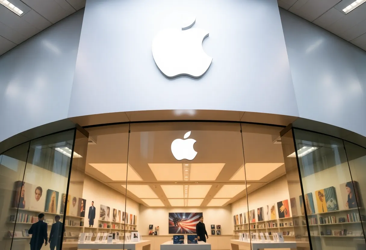 An Apple retail store showing security measures against theft.