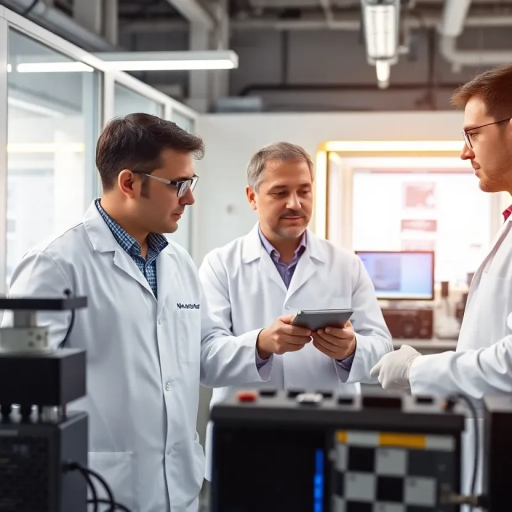 Scientists collaborating on battery research in a modern laboratory