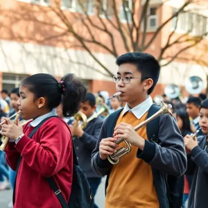 Students from Boerne ISD marching band performing outdoors