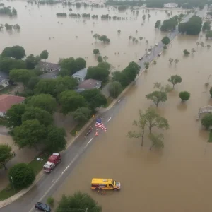 Flooded streets in Central Texas with rescue operations