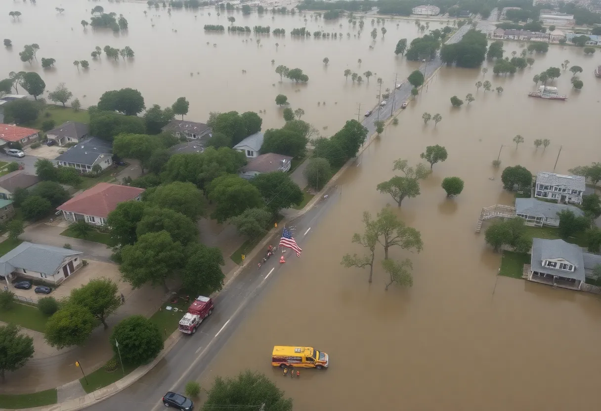 Flooded streets in Central Texas with rescue operations