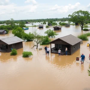 Scene of flooding in Central Texas showing rescue efforts and submerged cabins.