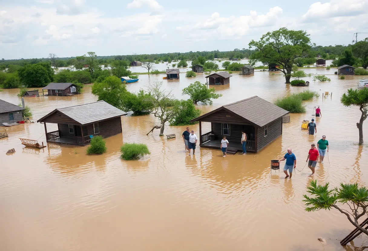 Scene of flooding in Central Texas showing rescue efforts and submerged cabins.
