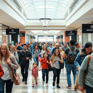Shoppers evacuating NorthPark Center amidst chaos after a false alarm.