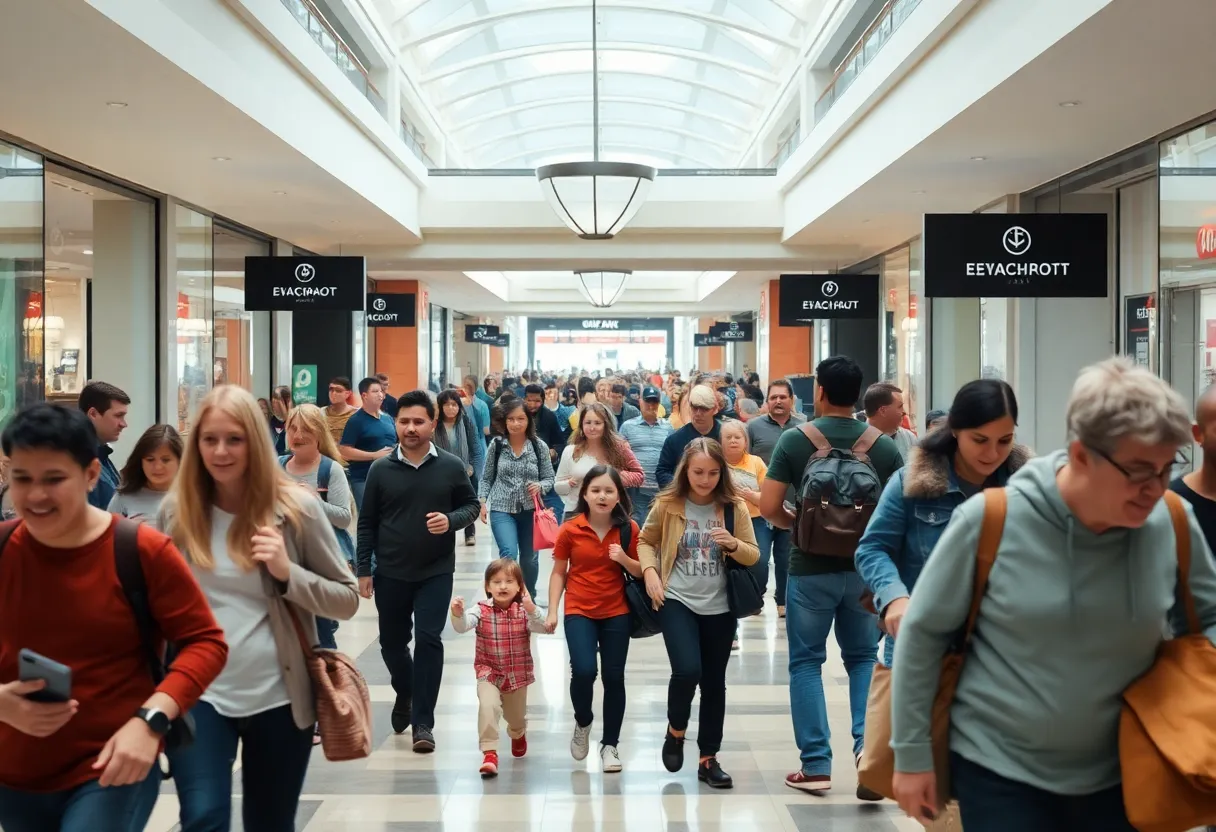 Shoppers evacuating NorthPark Center amidst chaos after a false alarm.
