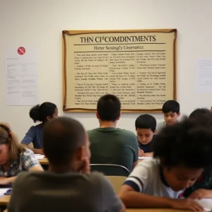 Classroom showing Ten Commandments poster with diverse students
