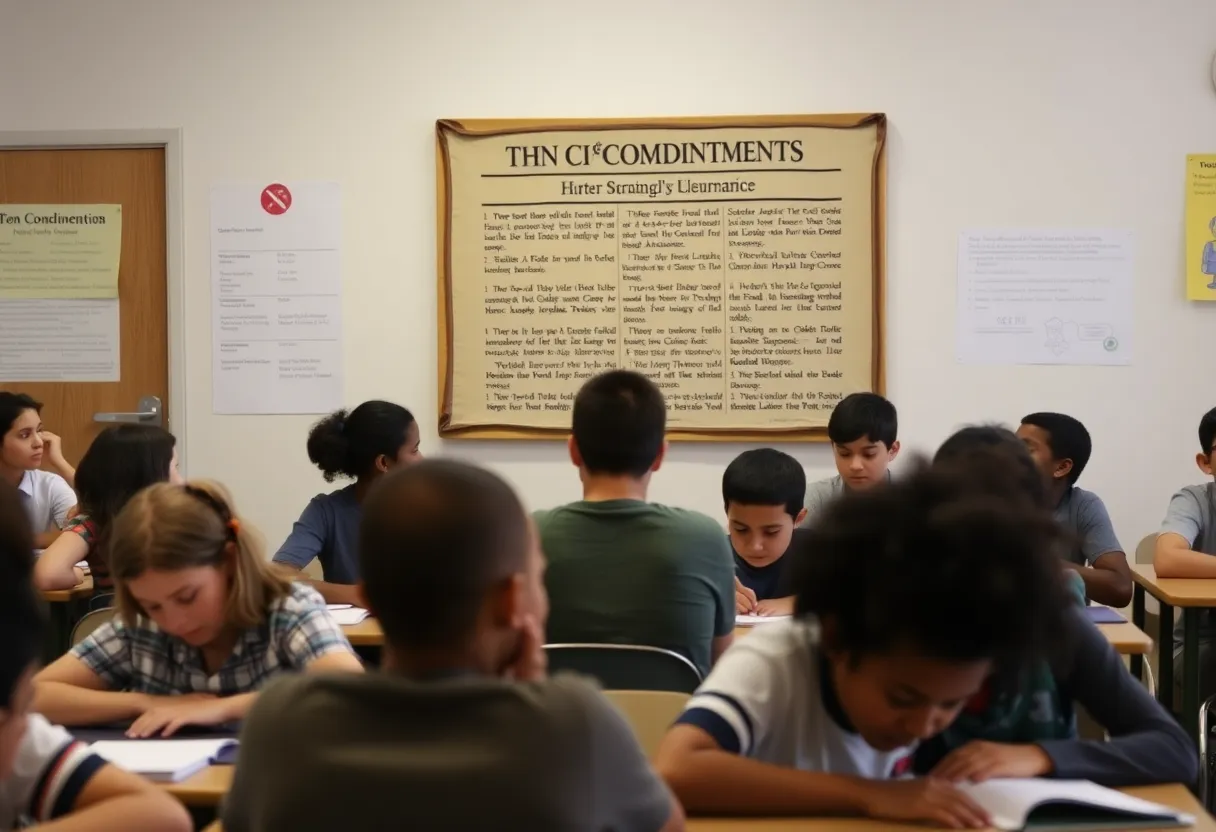 Classroom showing Ten Commandments poster with diverse students