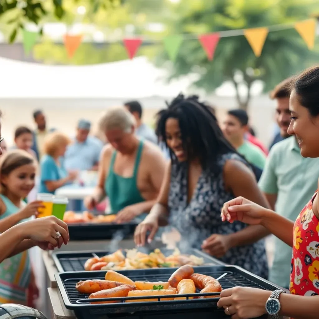 A vibrant community gathering with families enjoying food and festivities.