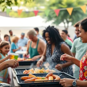 A vibrant community gathering with families enjoying food and festivities.